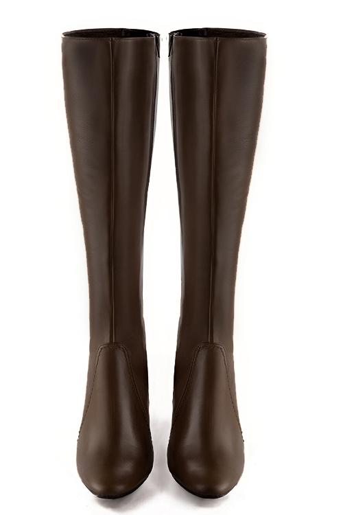 Dark brown women's feminine knee-high boots. Round toe. High block heels. Made to measure. Top view - Florence KOOIJMAN